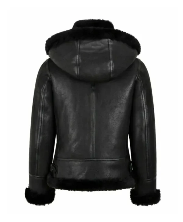 Womens Black Shearling Hooded Aviator Bomber Jacket Back