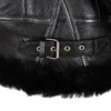 Womens Black Shearling Hooded Aviator Bomber Jacket Belted