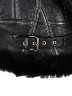 Womens Black Shearling Hooded Aviator Bomber Jacket Belted