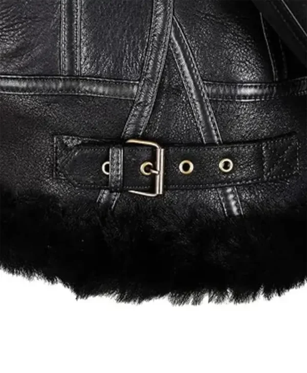 Womens Black Shearling Hooded Aviator Bomber Jacket Belted