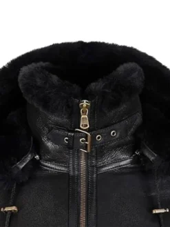 Womens Black Shearling Hooded Aviator Bomber Jacket Collar