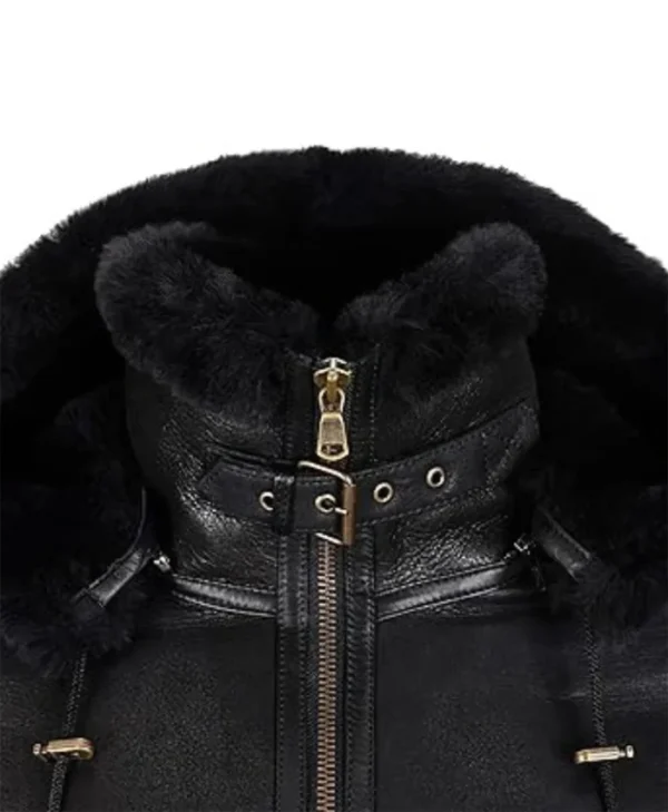 Womens Black Shearling Hooded Aviator Bomber Jacket Collar