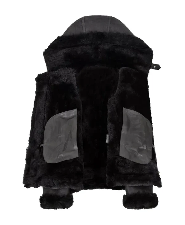Womens Black Shearling Hooded Aviator Bomber Jacket Inner