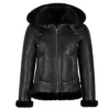 Womens Black Shearling Hooded Aviator Bomber Jacket Main