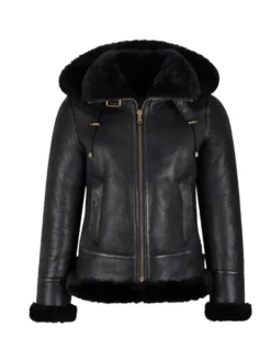 Womens Black Shearling Hooded Aviator Bomber Jacket Main