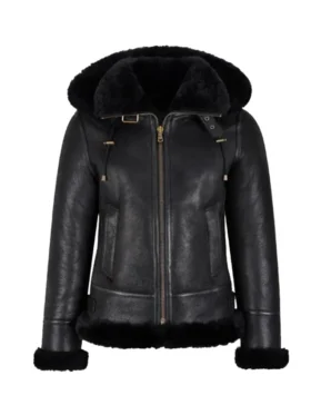 Women's Black Shearling Hooded Aviator Bomber Jacket Main
