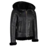 Womens Black Shearling Hooded Aviator Bomber Jacket Side