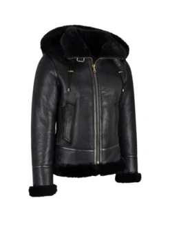 Womens Black Shearling Hooded Aviator Bomber Jacket Side