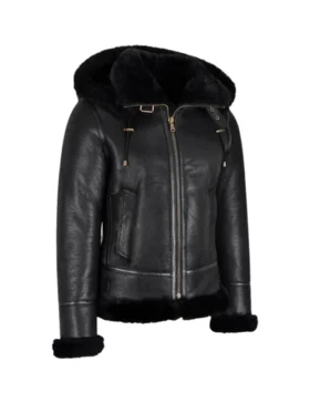 Women's Black Shearling Hooded Aviator Bomber Jacket Side