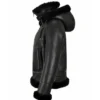Womens Black Shearling Hooded Aviator Bomber Jacket Side off
