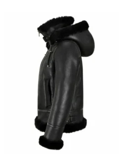 Womens Black Shearling Hooded Aviator Bomber Jacket Side off