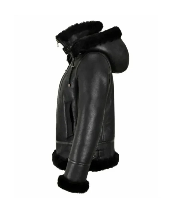Womens Black Shearling Hooded Aviator Bomber Jacket Side off