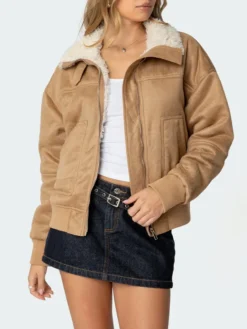 Womens Brown Leather Suede Shearling Jacket Main