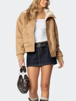 Womens Brown Leather Suede Shearling Jacket Stand Up