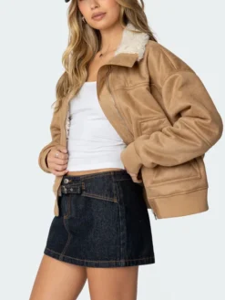 Womens Brown Leather Suede Shearling Jacket Style