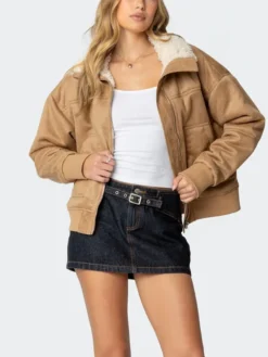Womens Brown Leather Suede Shearling Jacket Zipper