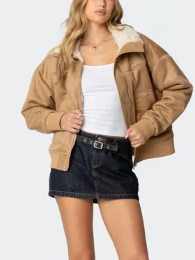 Womens Brown Leather Suede Shearling Jacket Zipper