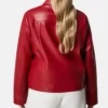 Womens Red Drop Down Collar Leather Jacket Back