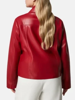 Womens Red Drop Down Collar Leather Jacket Back