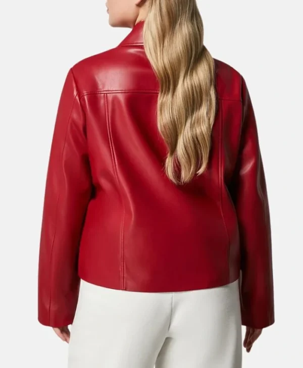 Womens Red Drop Down Collar Leather Jacket Back