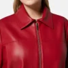 Womens Red Drop Down Collar Leather Jacket Collar