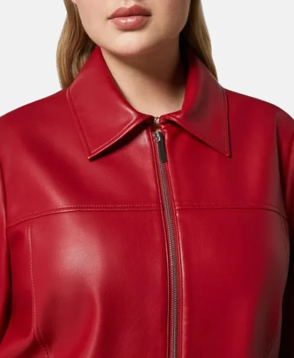 Womens Red Drop Down Collar Leather Jacket Collar