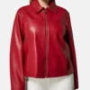Womens Red Drop Down Collar Leather Jacket Main