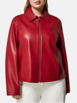 Womens Red Drop Down Collar Leather Jacket Main