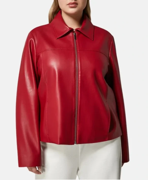 Womens Red Drop Down Collar Leather Jacket Main