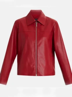 Womens Red Drop Down Collar Leather Jacket Zipper