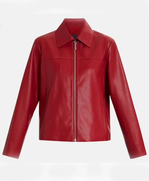 Womens Red Drop Down Collar Leather Jacket Zipper