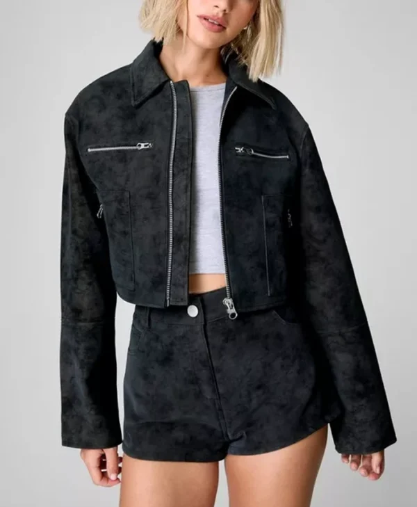Black Cropped Suede Leather Jacket For Womens