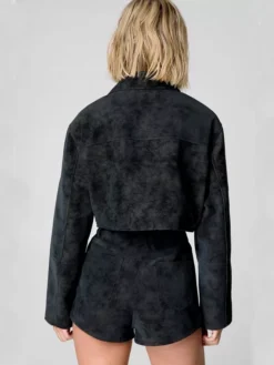 Black Cropped Suede Leather Jacket For Womens Back
