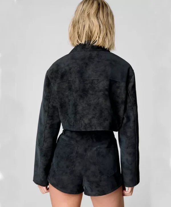 Black Cropped Suede Leather Jacket For Womens Back