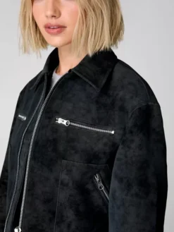 Black Cropped Suede Leather Jacket For Womens Collar