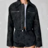 Black Cropped Suede Leather Jacket For Womens Front