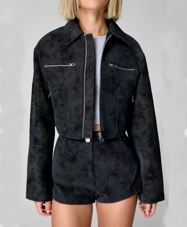 Black Cropped Suede Leather Jacket For Womens Front