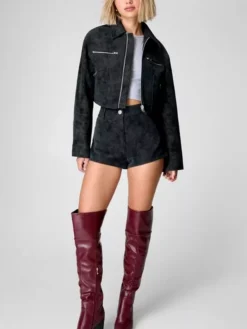 Black Cropped Suede Leather Jacket For Womens Stand
