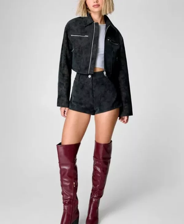 Black Cropped Suede Leather Jacket For Womens Stand
