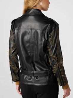 Black Womens Studded Leather Biker Jacket Back