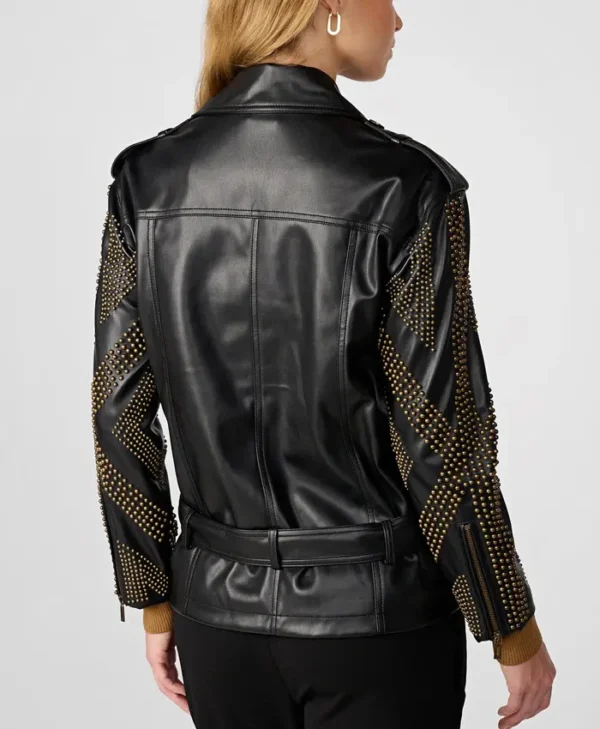 Black Womens Studded Leather Biker Jacket Back