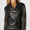 Black Womens Studded Leather Biker Jacket Collar