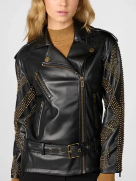 Black Womens Studded Leather Biker Jacket Collar