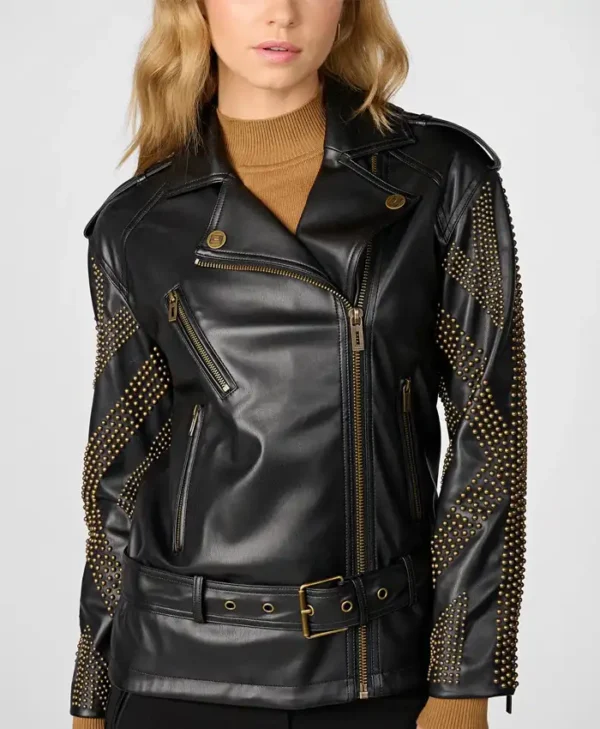 Black Womens Studded Leather Biker Jacket Collar