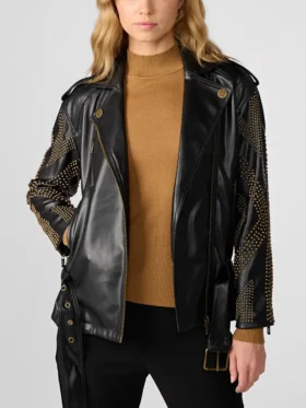 Black Womens Studded Leather Biker Jacket Main