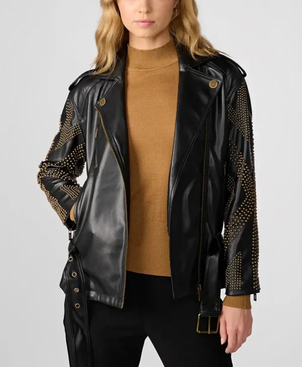 Black Womens Studded Leather Biker Jacket Main