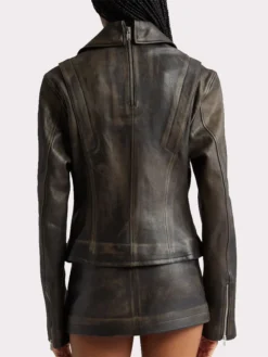 Black Zippers Distressed Leather Biker Jacket Women Back
