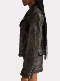 Black Zippers Distressed Leather Biker Jacket Women Side