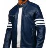 Blue Mens Cafe Racer Striped Leather Jacket