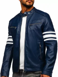 Blue Mens Cafe Racer Striped Leather Jacket